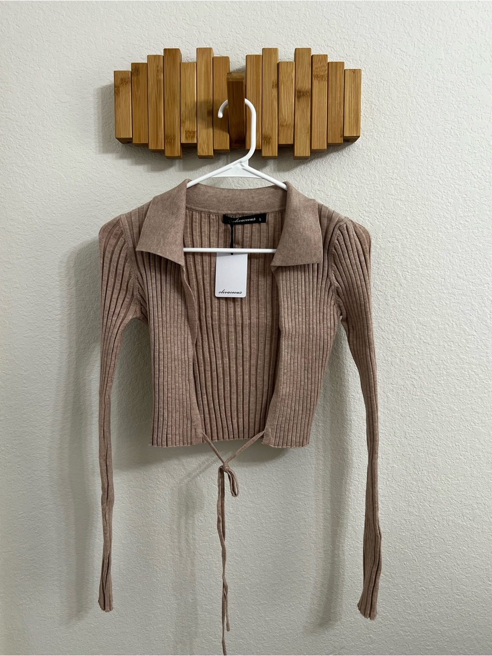 Olivaceous Taupe Ribbed Tie-Front Cropped Cardigan